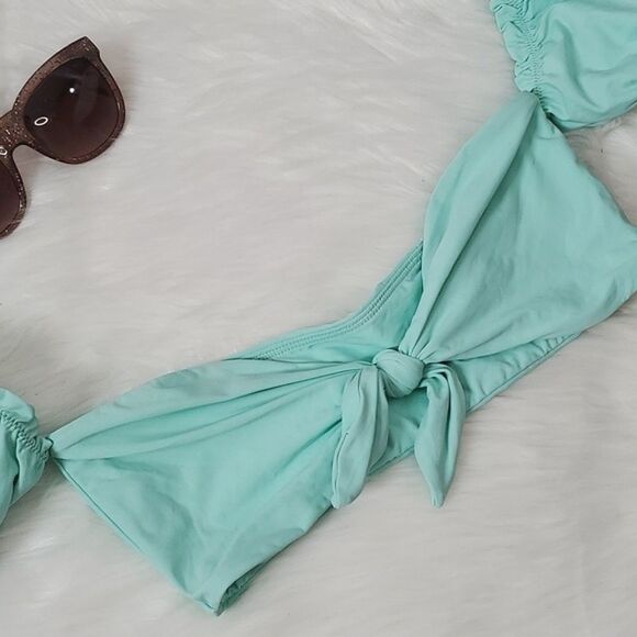 Lulu's Tidal Vibes Seafoam Teal Tie-Front Puff Sleeve Bikini Top NWOT Size Small - Picture 11 of 14